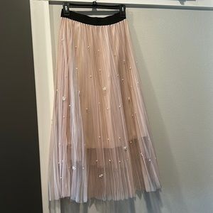 Blush Tulle Midi Skirt with Pearls